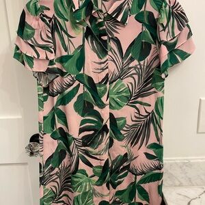 Tropical Leaf Print Button-Up dress